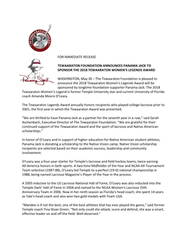 For Immediate Release Tewaaraton Foundation