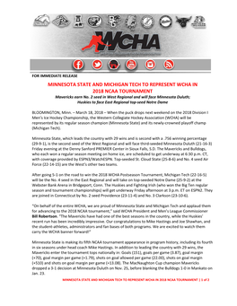 MINNESOTA STATE and MICHIGAN TECH to REPRESENT WCHA in 2018 NCAA TOURNAMENT Mavericks Earn No