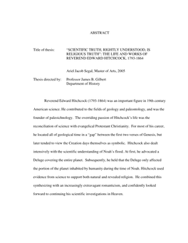 Scientific Truth, Rightly Understood, Is Religious Truth”: the Life and Works of Reverend Edward Hitchcock, 1793-1864