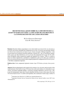 Recientes Hallazgos Sobre El Campamento De La Legio Vii Gemina En León: La Situación De Los Principia Y La Configuración De Los Latera Praetorii