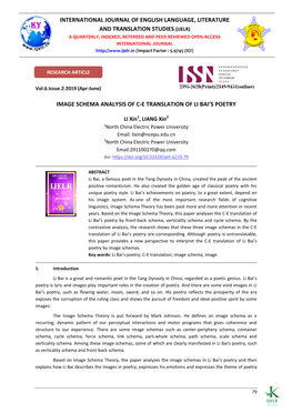 Image Schema Analysis of C-E Translation of Li Bai's Poetry International Journal of English Language, Literature and Translat