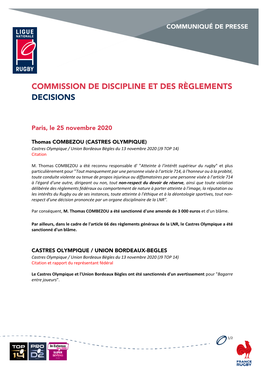 Commission De Discipline Et Des Règlements Decisions