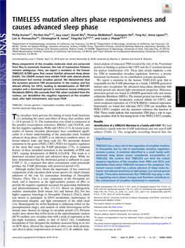 TIMELESS Mutation Alters Phase Responsiveness and Causes Advanced Sleep Phase