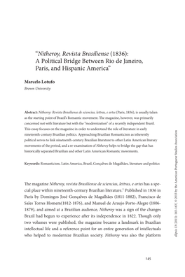 Nitheroy, Revista Brasiliense (1836): a Political Bridge Between Rio De Janeiro, Paris, and Hispanic America”