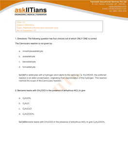 Chemistry Topic: Aldehyde Ketones and Carboxylic Acid No