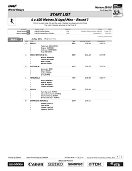 START LIST 4 X 400 Metres (4 Laps) Men - Round 1 First 2 in Each Heat (Q) and the Next 2 Fastest (Q) Advance to the Final the Next 8 Fastest Advance to the Final B