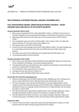 Srv's Financial Statement Release, January–December 2015