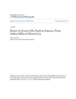 Ibsen's an Enemy of the People in America: from Arthur Miller to Simon Levy