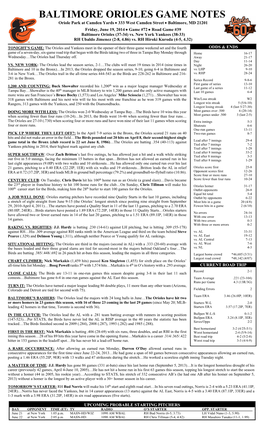 BALTIMORE ORIOLES GAME NOTES Oriole Park at Camden Yards  333 West Camden Street  Baltimore, MD 21201