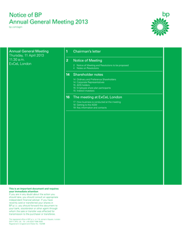 Notice of BP Annual General Meeting 2013 Bp.Com/Agm