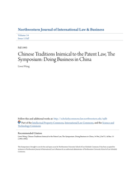 Chinese Traditions Inimical to the Patent Law, the Symposium: Doing Business in China Liwei Wang