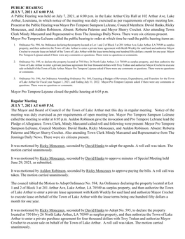 PUBLIC HEARING JULY 7, 2021 at 6:00 P.M. a Public Hearing Was Held on July 7, 2021, at 6:00 P.M