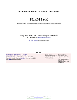 REPUBLIC of SOUTH AFRICA Form 18-K Filed 2016-12-05