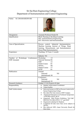 Sri Sai Ram Engineering College Department of Instrumentation and Control Engineering