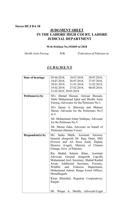 Judgment Sheet in the Lahore High Court, Lahore Judicial Department