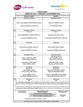 Hawaii Open ORDER of PLAY - THURSDAY, 24 NOVEMBER 2016 CENTER COURT COURT 1 Starting At: 10:00 Am Starting At: 10:00 Am