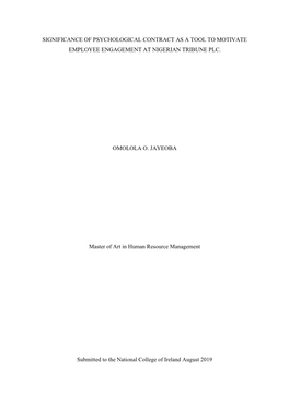 Significance of Psychological Contract As a Tool to Motivate Employee Engagement at Nigerian Tribune Plc