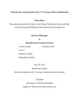 Molecular Basis of Upregulation of IL-17 in Estrogen Model of Inflammation Deena Khan Dissertation Submitted to the Faculty of T