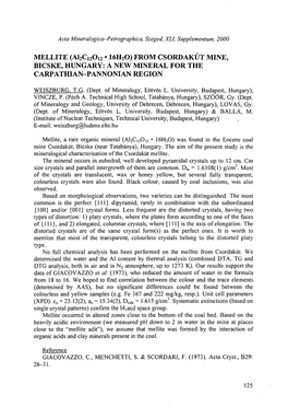 MELLITE (Al2c12oi2 • 16H20) from CSORDAKÚT MINE, BICSKE, HUNGARY: a NEW MINERAL for the CARPATHIAN-PANNONIAN REGION