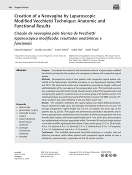 Creation of a Neovagina by Laparoscopic Modified Vecchietti Technique Baptista Et Al