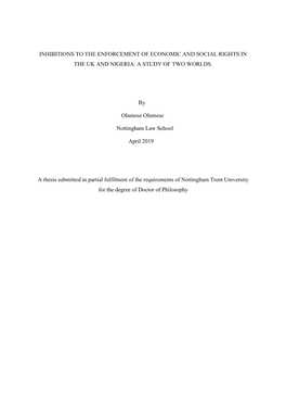 Inhibitions to the Enforcement of Economic and Social Rights in the Uk and Nigeria: a Study of Two Worlds