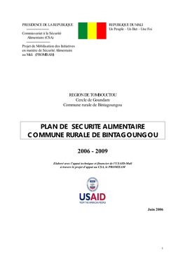 Plan De Securite Alimentaire Commune Rurale De Bintagoungou