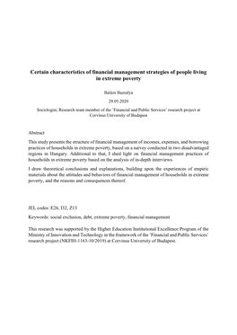 Certain Characteristics of Financial Management Strategies of People Living in Extreme Poverty
