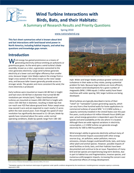 Wind Turbine Interactions with Birds, Bats, and Their Habitats: a Summary of Research Results and Priority Questions Spring 2010