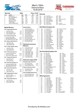 Men's 100M Diamond Race 16.06.2016