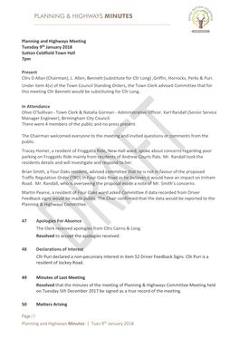 Planning and Highways Minutes | Tues 9Th January 2018 Planning