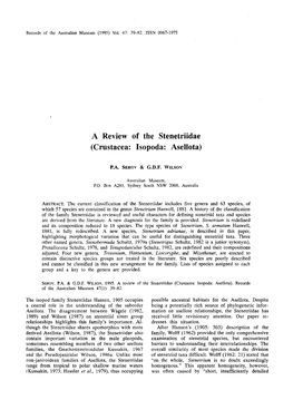 A Review of the Stenetriidae (Crustacea: Isopoda: Asellota)