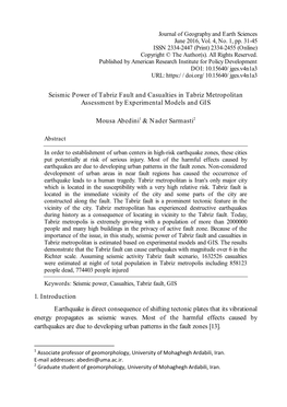 Seismic Power of Tabriz Fault and Casualties in Tabriz Metropolitan Assessment by Experimental Models and GIS Mousa Abedini1 &Am