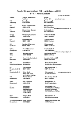 Abteilungen 2002 FVR – Kreis Koblenz Stand: 07.03.2002 Verein: Abt.Ltr