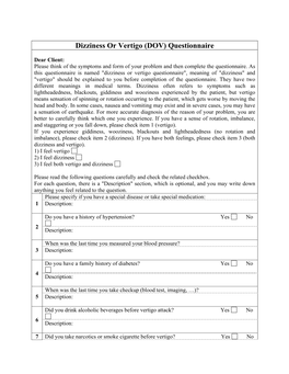 Dizziness Or Vertigo (DOV) Questionnaire