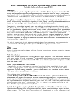 Science Olympiad National Policy on Team Qualification – Update Including Virtual Schools Ratified by the Executive Board, August 29, 2011