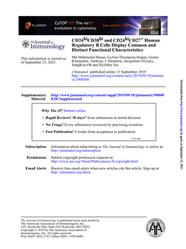 Cd24hicd38hi and Cd24hicd27+ Human Regulatory B Cells Display Common and Distinct Functional Characteristics