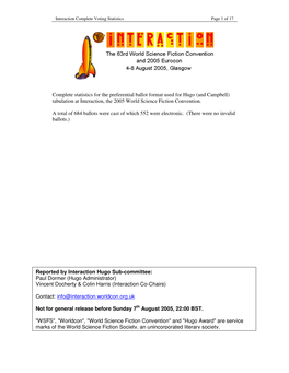 Complete Statistics for the Preferential Ballot Format Used for Hugo (And Campbell) Tabulation at Interaction, the 2005 World Science Fiction Convention
