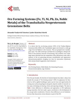 Ore Forming Systems (Fe, Ti, Ni, Pb, Zn, Noble Metals) of the Transbaikalia Neoproterozoic Greenstone Belts