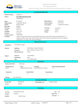 MINFILE Detail Report BC Geological Survey Ministry of Energy, Mines and Natural Gas and Responsible for Housing