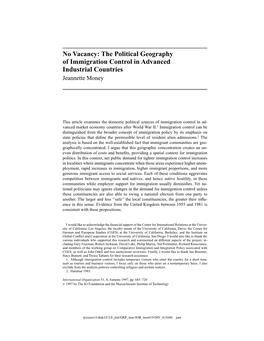 No Vacancy: the Political Geography of Immigration Control in Advanced Industrial Countries Jeannette Money