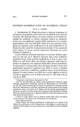 DIVISION ALGEBRAS OVER an ALGEBRAIC FIELD* 1. Introduction