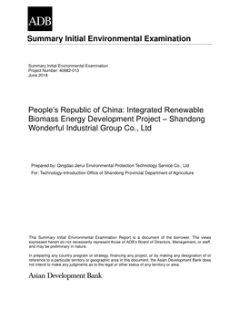 Integrated Renewable Biomass Energy Development Project – Shandong Wonderful Industrial Group Co., Ltd