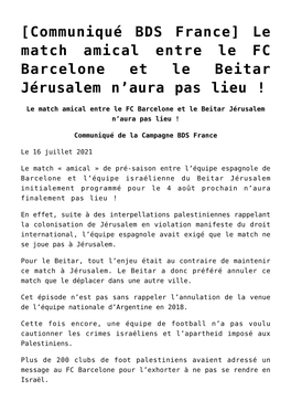 Le Match Amical Entre Le FC Barcelone Et Le Beitar Jérusalem N’Aura Pas Lieu !