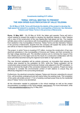 Terna: Virtual Meeting to Present the High Speed Electrification of Valle Telesina