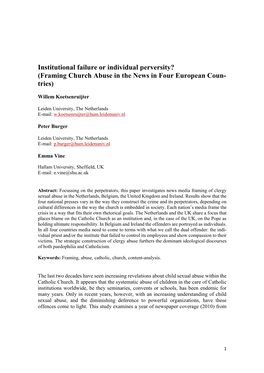 Institutional Failure Or Individual Perversity? (Framing Church Abuse in the News in Four European Coun- Tries)