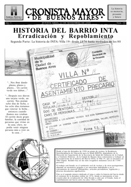 HISTORIA DEL BARRIO INTA Erradicación Y Repoblamiento Segunda Parte: La Historia De INTA -Villa 19- Desde 1976 Hasta Mediados De Los 80