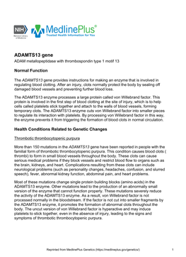 ADAMTS13 Gene ADAM Metallopeptidase with Thrombospondin Type 1 Motif 13