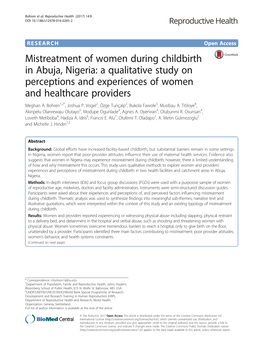 Mistreatment of Women During Childbirth in Abuja, Nigeria: a Qualitative Study on Perceptions and Experiences of Women and Healthcare Providers Meghan A