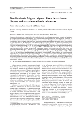 Metallothionein 2A Gene Polymorphisms in Relation to Diseases and Trace Element Levels in Humans Arh Hig Rada Toksikol 2020;71:27-47 27