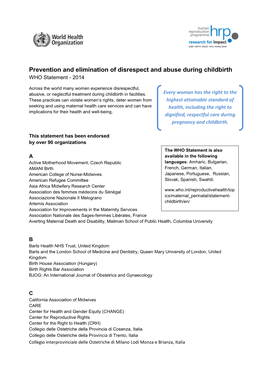 Prevention and Elimination of Disrespect and Abuse During Childbirth WHO Statement - 2014